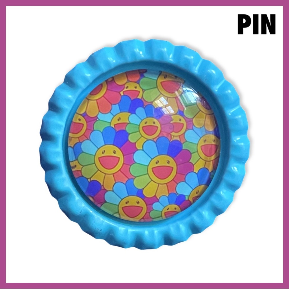 Rainbow Happy Daisies Blue Bottlecap Pin